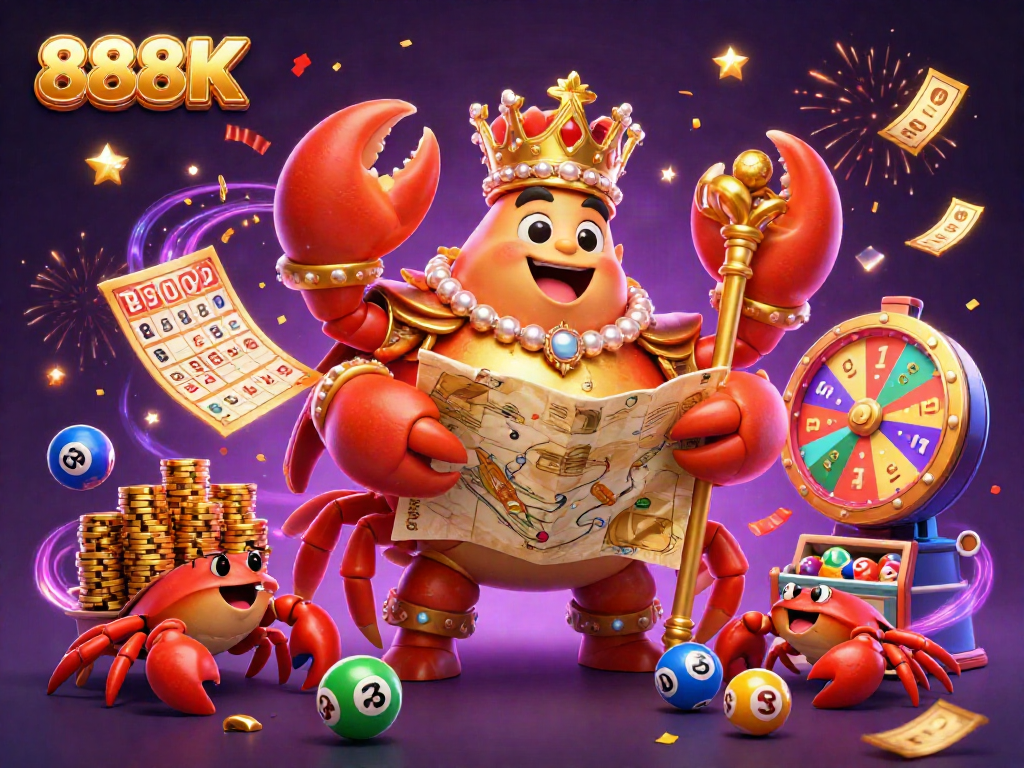 Play 888K and win big in this vibrant 3D casino scene showcasing lottery excitement.