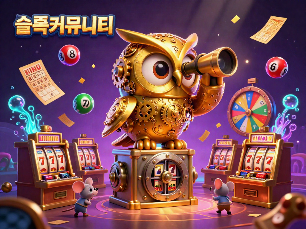Casino scene featuring the '슬롯커뮤니티' with a golden owl and animated mice enjoying slot games.