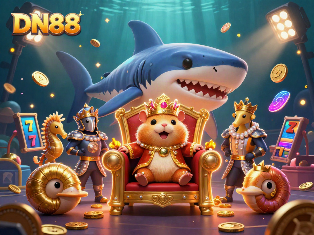 Experience the vibrant world of DN88 with a fierce golden hamster king on a megalodon throne amid thrilling casino symbols.
