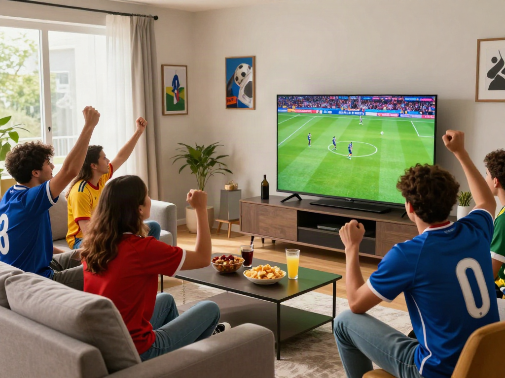 Friends enjoying an intense football match on Xoilactv in a lively living room.