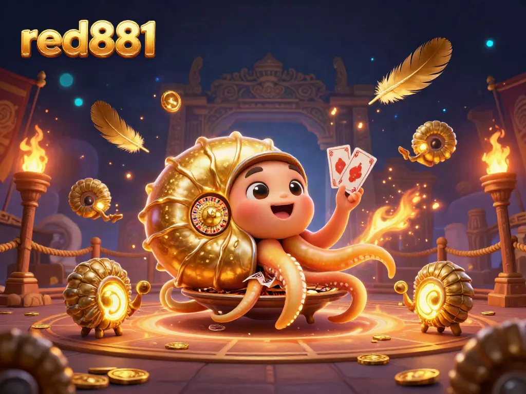 Engage in thrilling gameplay at red881 with a dynamic casino scene featuring a giant nautilus and glowing ammonite companions.