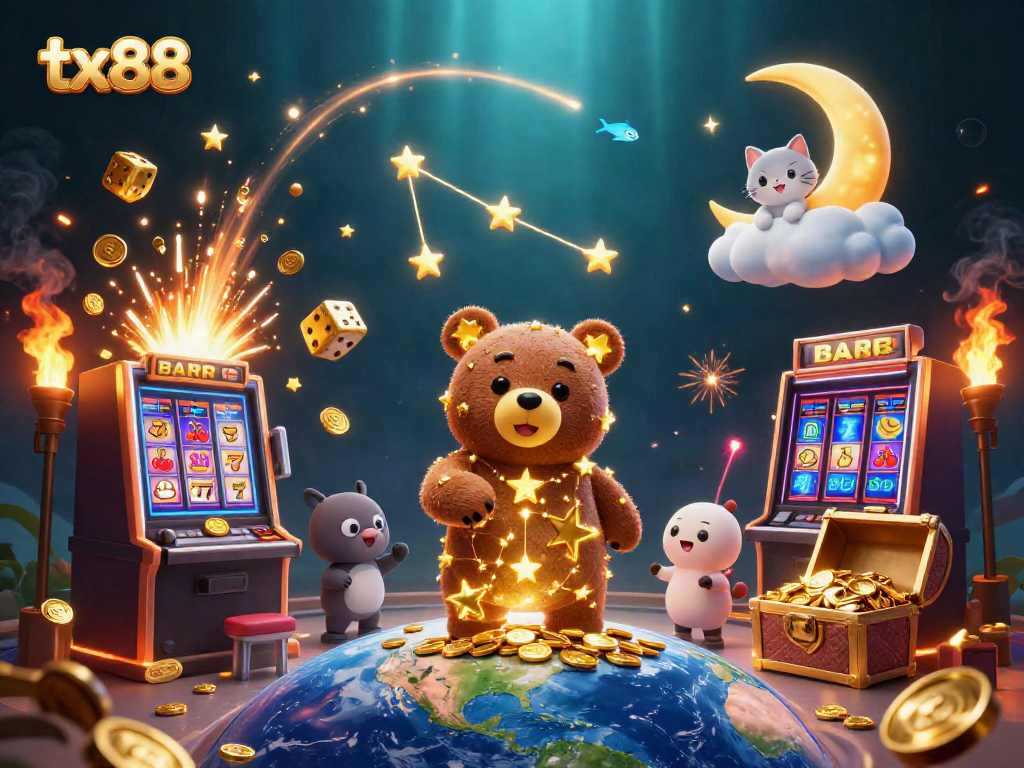 Spin to win with tx88 in a vibrant casino scene featuring golden stars and slot machines.