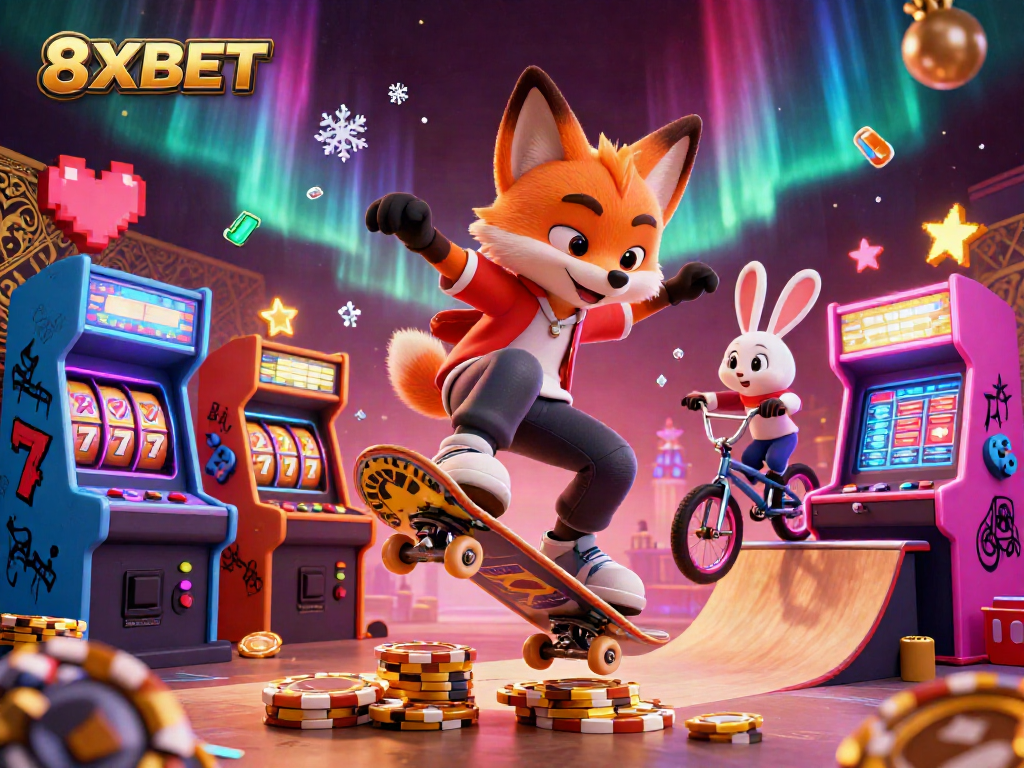 Experience thrilling gaming with 8XBET as fox and rabbit showcase slot reels and arcade games.
