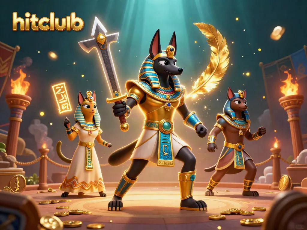 Hitclubb players experience thrilling wins with Anubis and Bastet in an ancient Egyptian casino scene.