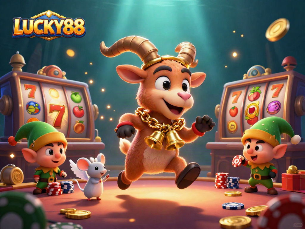 Play LUCKY88 slots with thrilling action featuring characters in a vibrant casino scene.