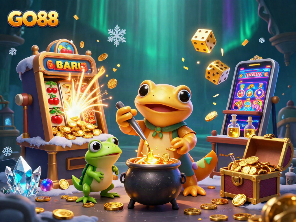 Engage with GO88's thrilling gameplay through a vibrant illustration of gold-themed casino magic.