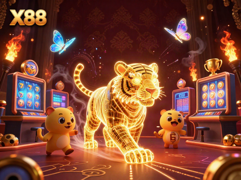 Experience X88’s vibrant digital casino world with a neon tiger amidst dynamic jackpot symbols.