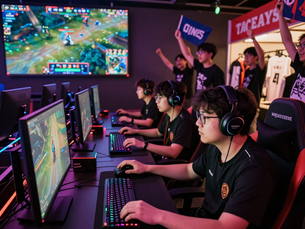 KOMBET168 esports players competing in a lively arena with fans cheering.