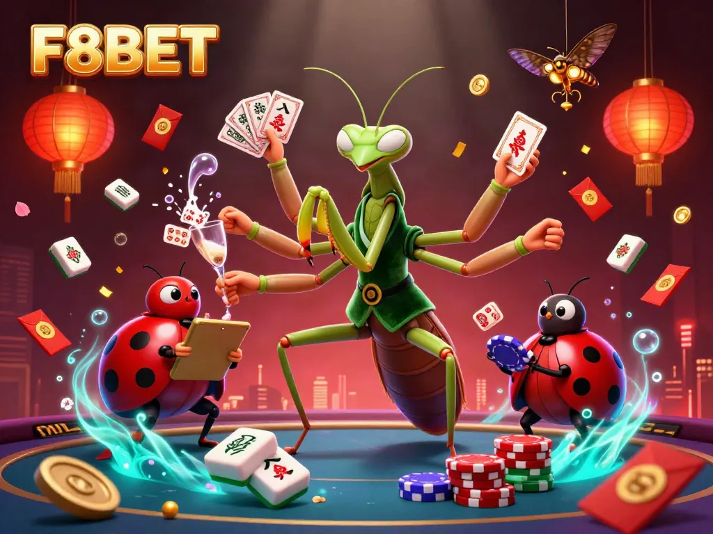 F8BET giant mantis card sharp dealing cards and pouring champagne in a lively casino scene.