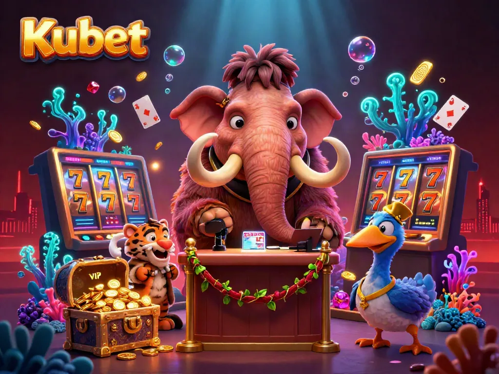 Kubet’s vibrant casino scene featuring a mammoth bouncer with a saber-tooth tiger and dodo doorman amidst slots and treasure.