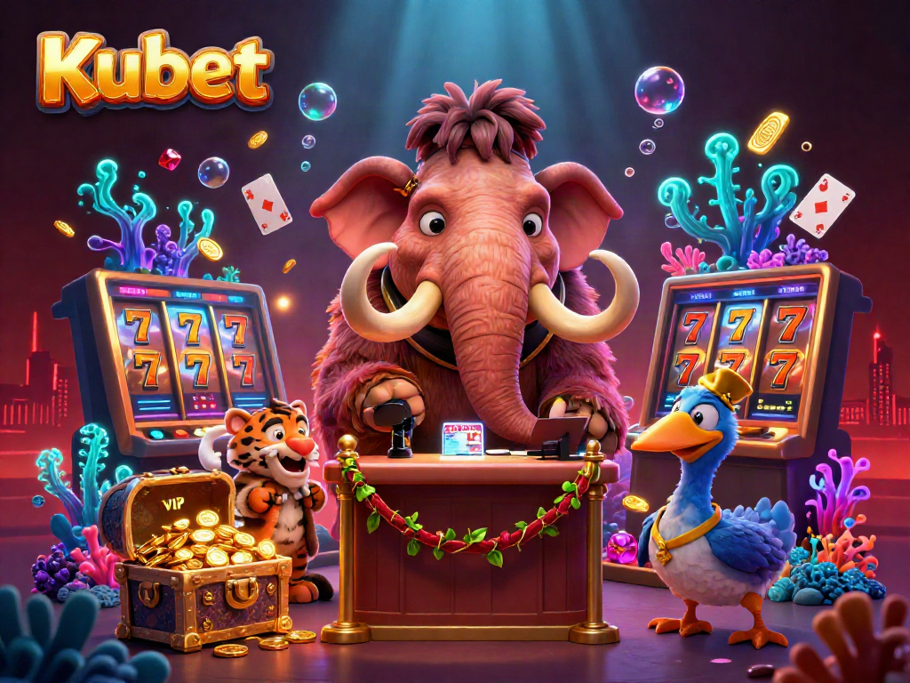 Kubet’s vibrant casino scene featuring a mammoth bouncer with a saber-tooth tiger and dodo doorman amidst slots and treasure.