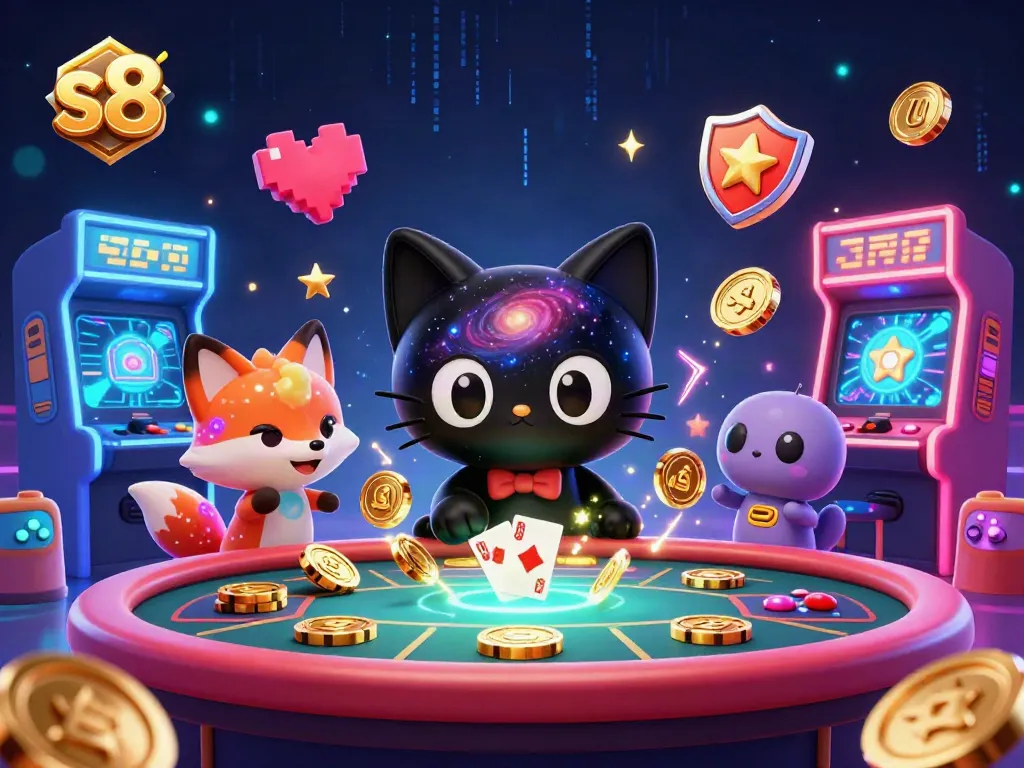 S8 promo featuring a black hole cat and gas cloud fox winning at the cosmic casino table.