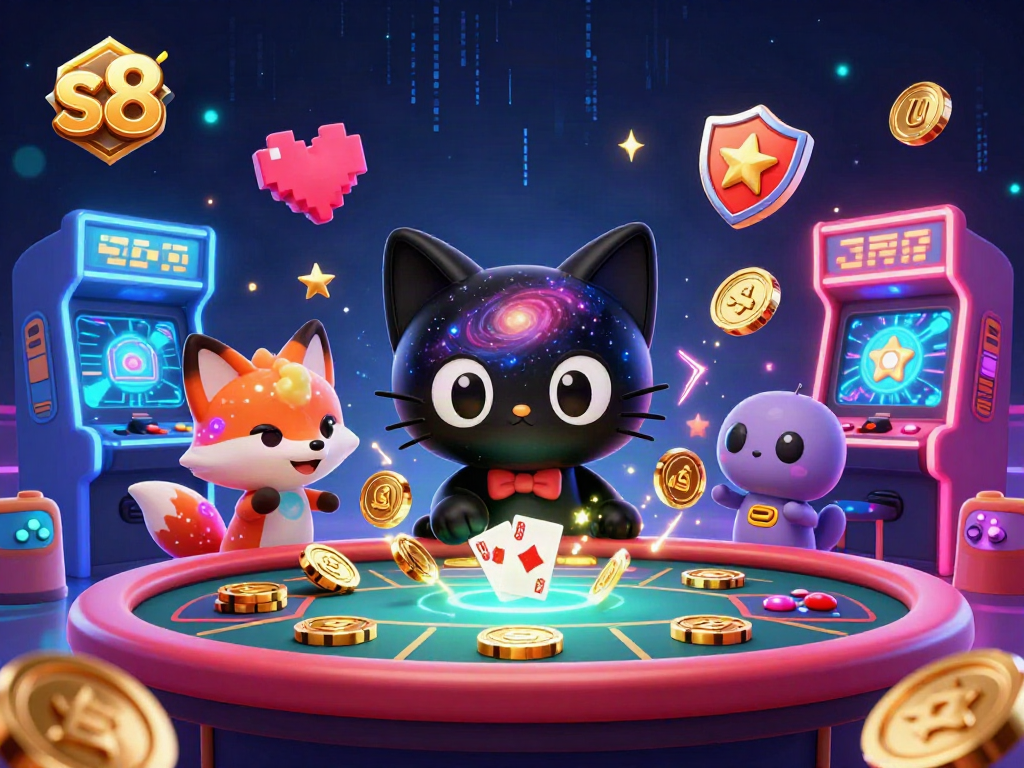 S8 promo featuring a black hole cat and gas cloud fox winning at the cosmic casino table.