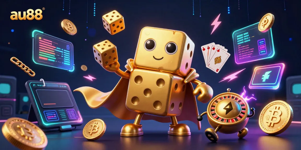 Experience thrilling gameplay at au88 with vibrant golden dice and cryptocurrency elements in a dynamic casino scene.