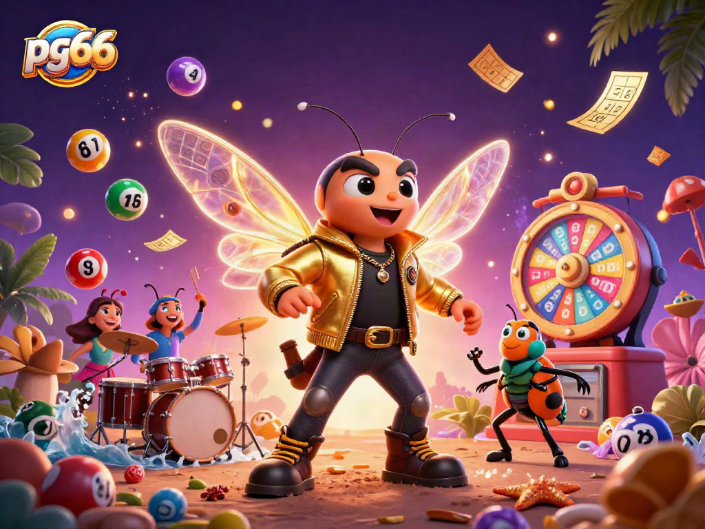 Engaging pg66 illustration showcasing a 3D rock star cicada and vibrant lottery elements, perfect for casino themes.