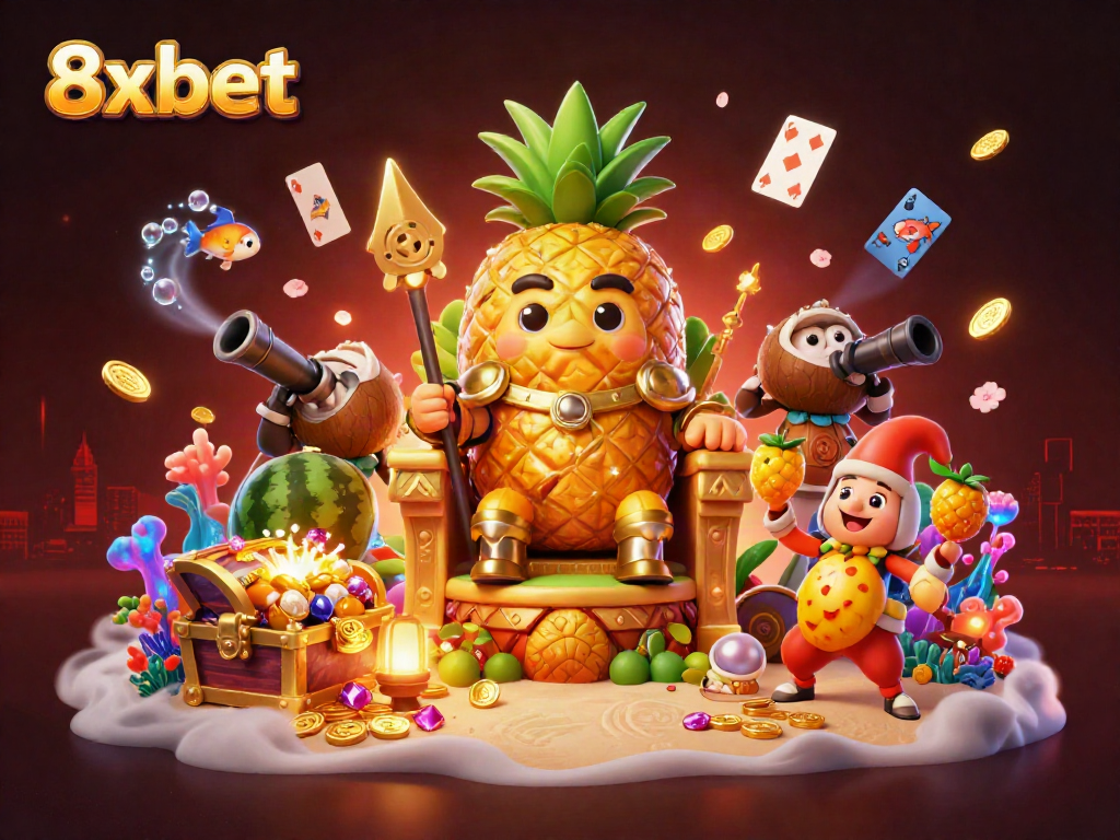 Play exciting games at 8xbet with vibrant characters and rich casino elements in an immersive 3D scene.