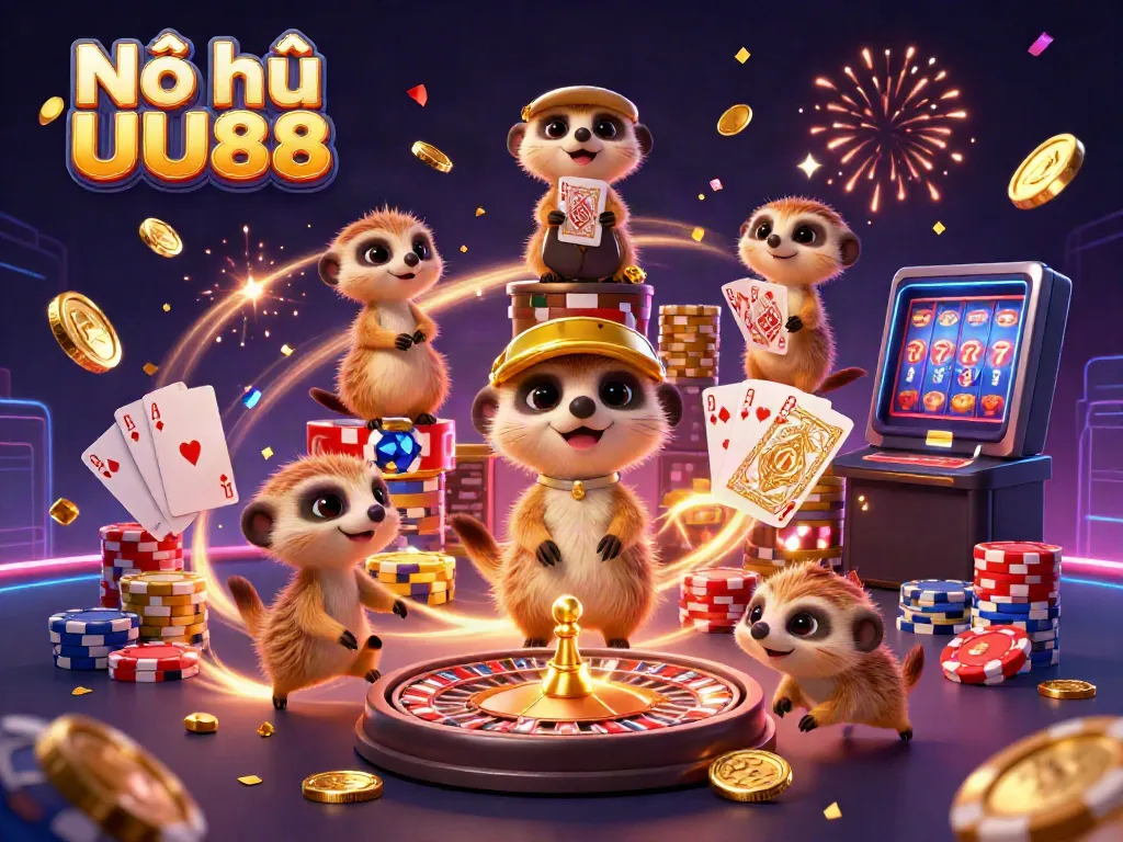 Experience thrilling gameplay with Nổ hũ UU88, featuring dynamic meerkat characters in a lively casino setting.