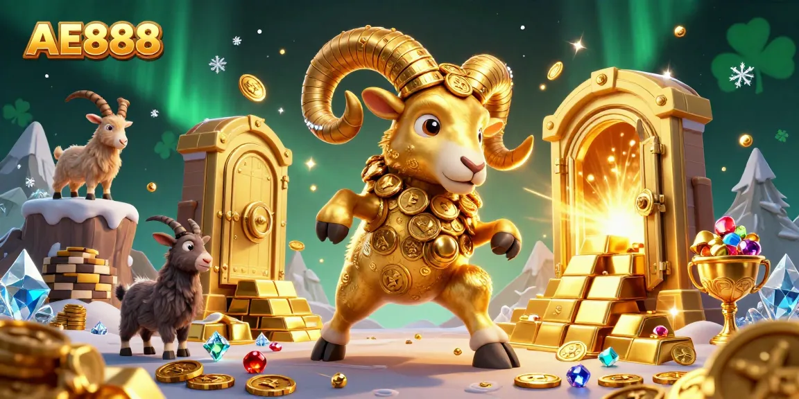 Experience the excitement of AE888 casino with a golden ram and treasure vault in 3D!