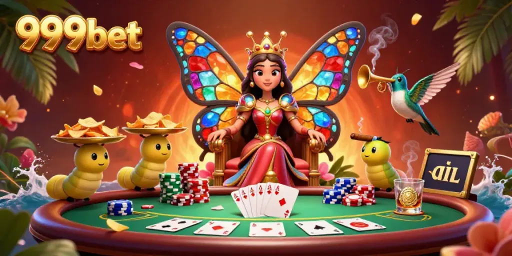 Experience vibrant gaming with 999bet, featuring a colorful butterfly queen and poker elements.