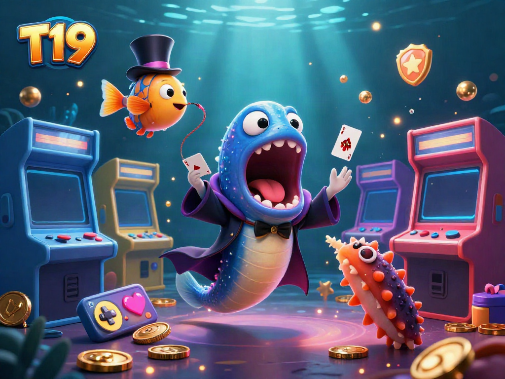 T19 casino illustration showcases a magical underwater scene with gaming elements and vibrant characters.