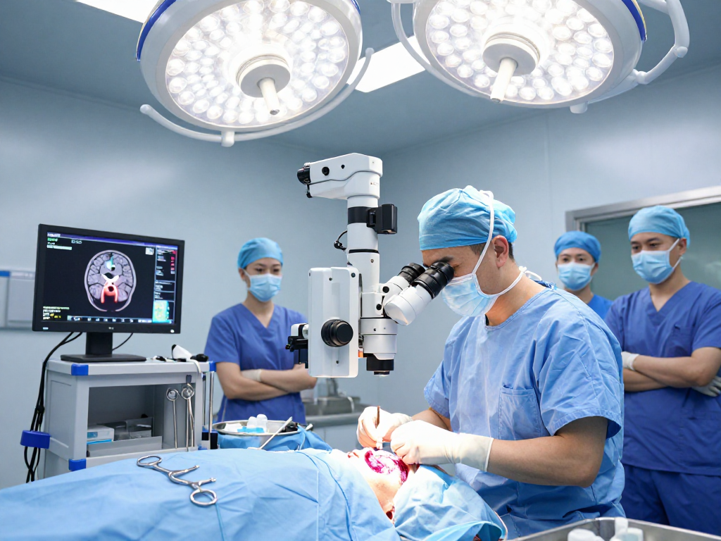 Brain tumor surgery specialist performing a complex procedure in a modern surgical room.
