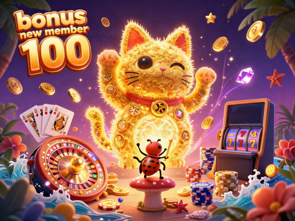 Experience bonus new member 100 with a vibrant casino-themed illustration featuring lucky symbols and lively elements.