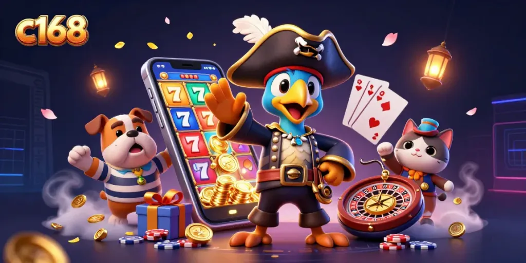 C168 spins winning slots with pirate characters, colorful games, and glorious rewards