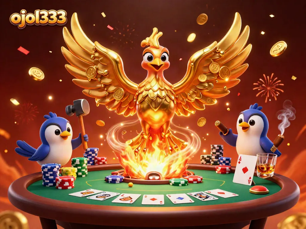Engage with ojol333's vibrant casino magic, showcasing golden phoenix and dynamic game elements.