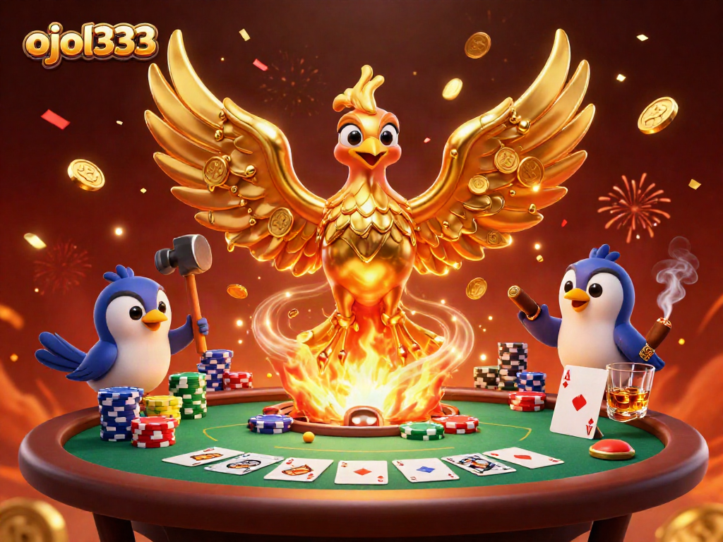 Engage with ojol333's vibrant casino magic, showcasing golden phoenix and dynamic game elements.