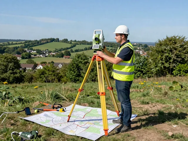 Topographical Survey Surrey being conducted by professional land surveyor using a total station amidst lush green landscape.