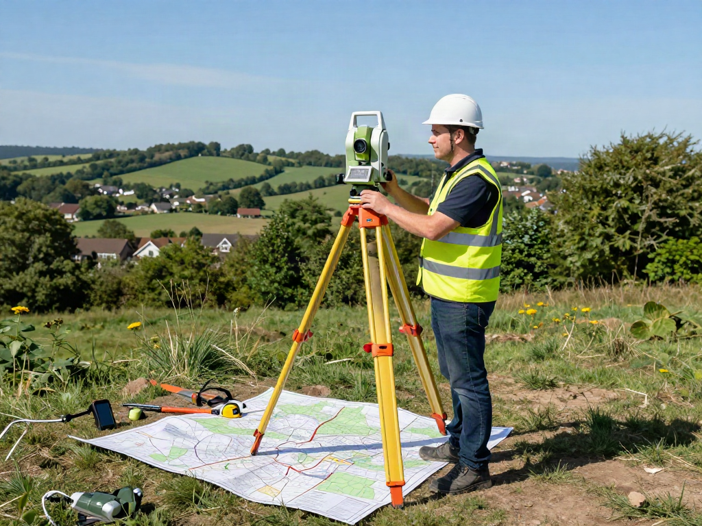 Topographical Survey Surrey being conducted by professional land surveyor using a total station amidst lush green landscape.