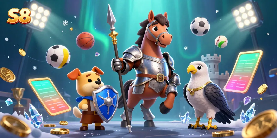 S8 promotional illustration showcasing a medieval knight and a playful puppy in a dynamic gaming scene.