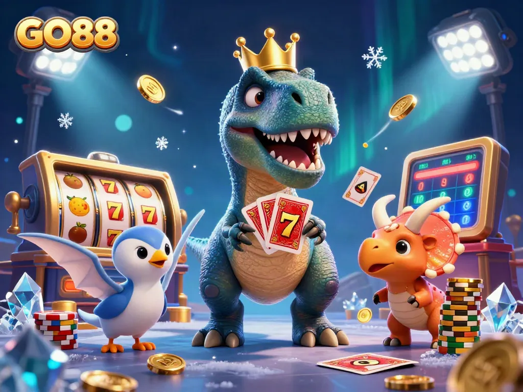 GO88-themed 3D illustration featuring unique characters engaged in slots gaming with colorful elements.
