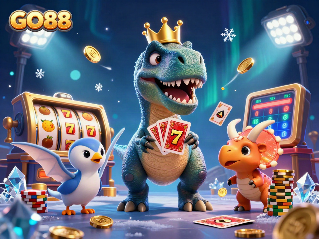 GO88-themed 3D illustration featuring unique characters engaged in slots gaming with colorful elements.