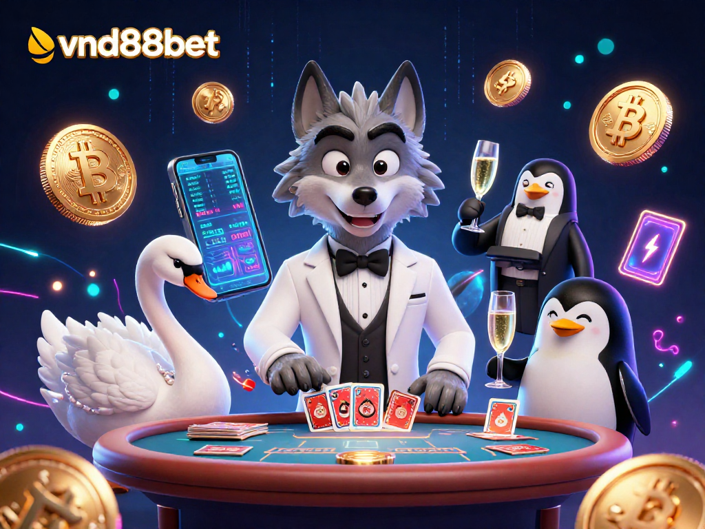 Experience the thrill of baccarat at vnd88bet with a debonair wolf and elegant cast, showcasing crypto elements.