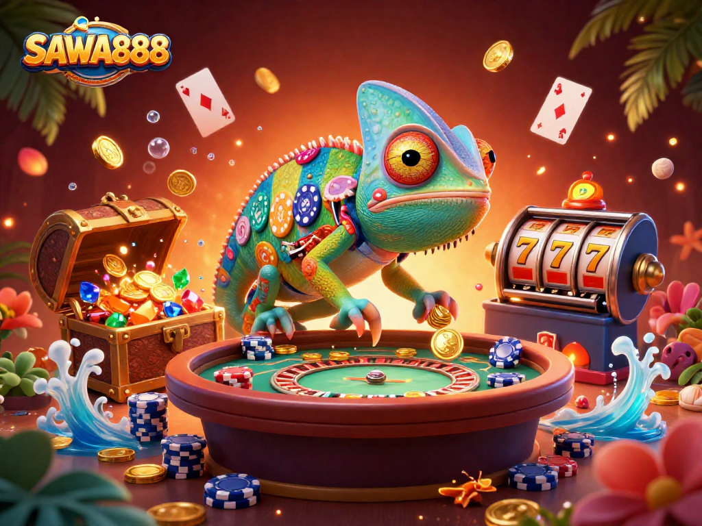 Experience the vibrant casino world with SAWA888, featuring a chameleon owner and classic gaming elements.