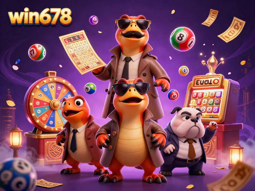 Engage in thrilling gaming with win678's vibrant casino scene featuring lively characters and dynamic elements.