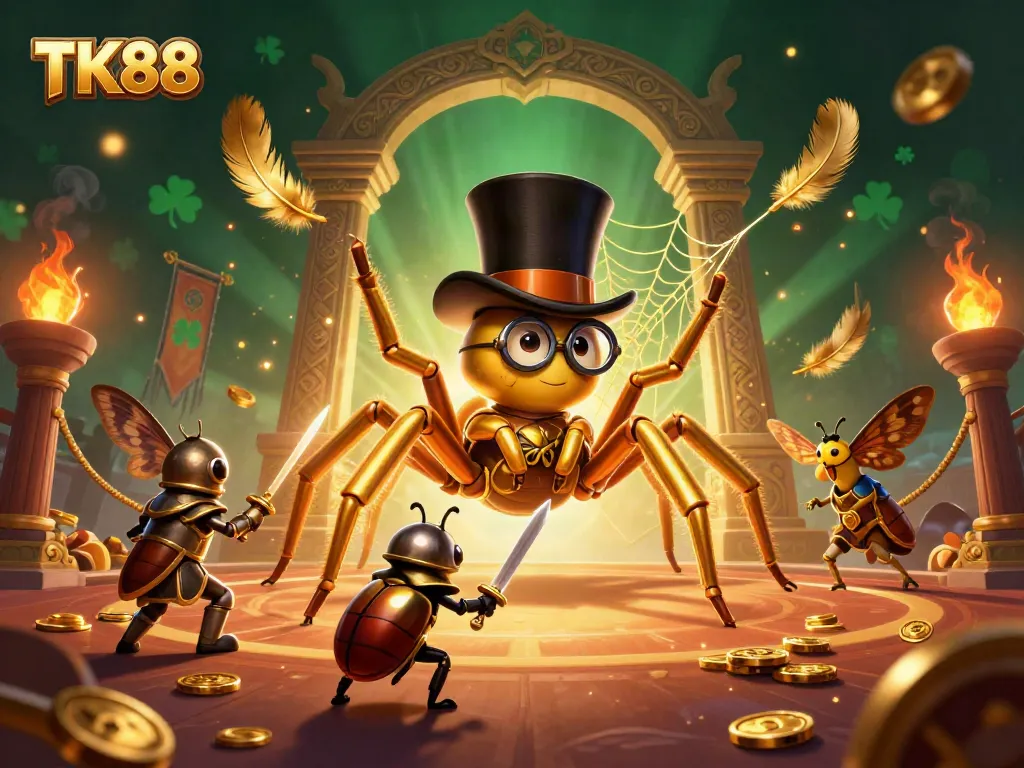 Engaging scene depicting TK88 with a golden tarantula and beetle knight in a casino-themed environment.