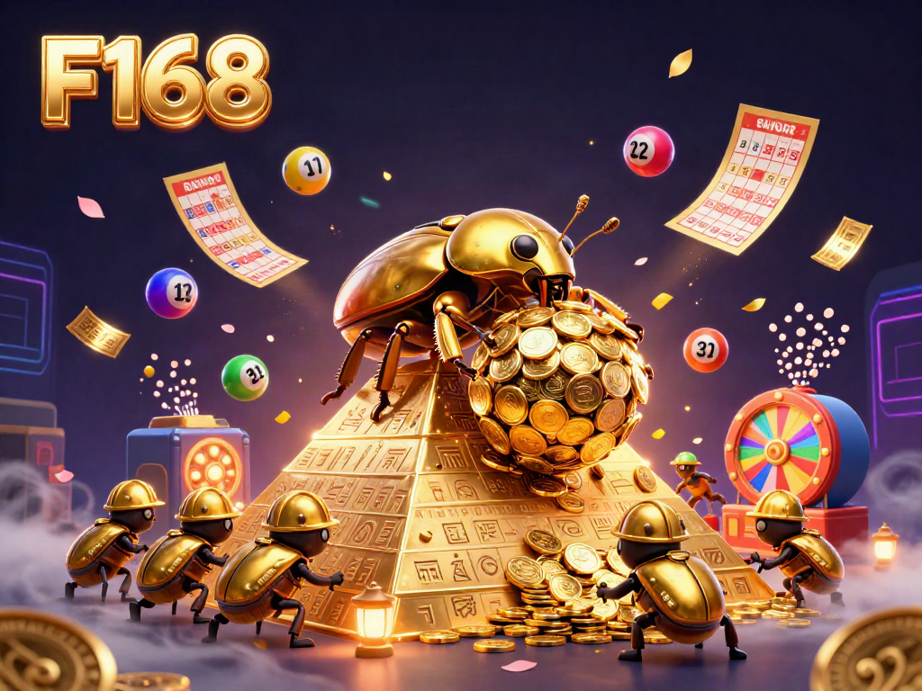 Experience the dynamic world of F168 with vibrant casino symbols and colorful lottery elements in a rich 3D illustration.
