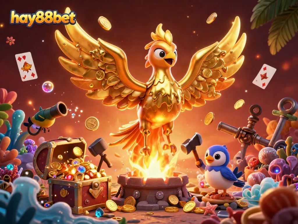 Experience thrilling jackpots with hay88bet's molten golden phoenix and immersive casino scene.
