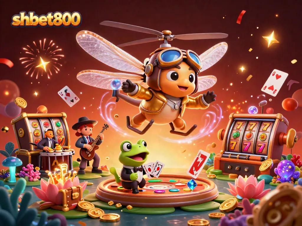 Experience vibrant gaming at shbet800 with a dragonfly pilot, frog croupier, and jazz musicians.