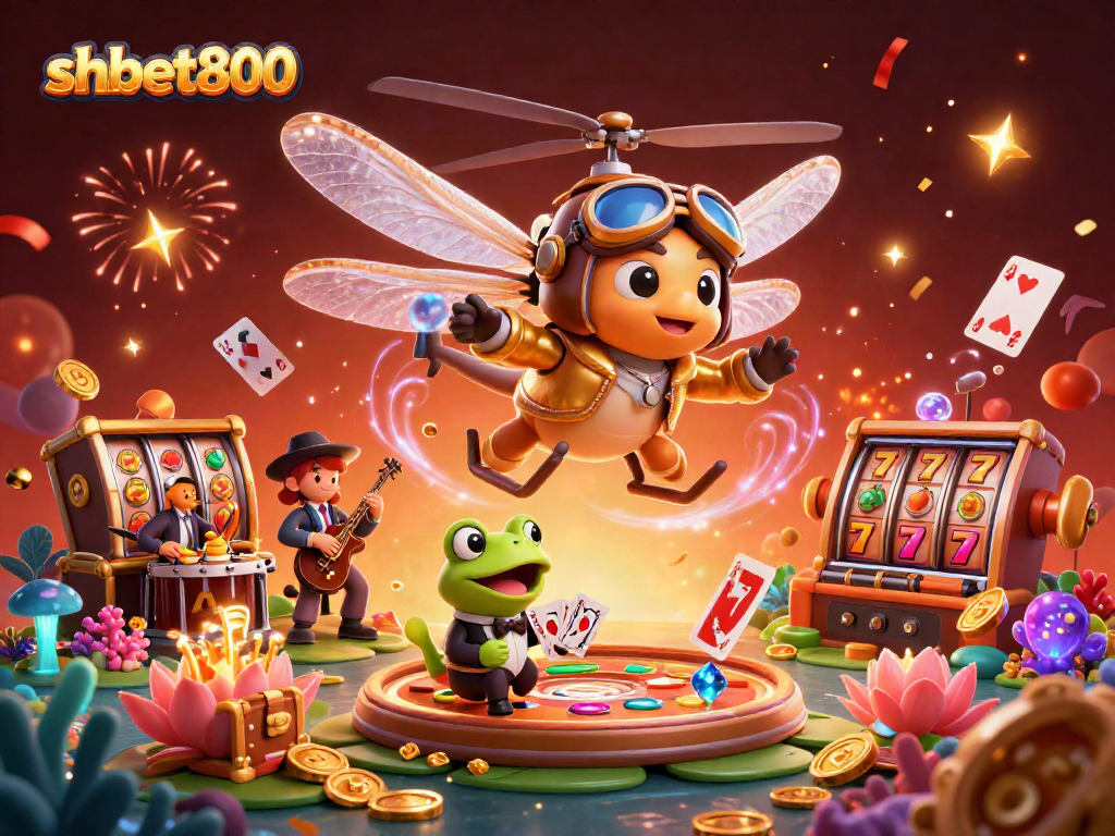 Experience vibrant gaming at shbet800 with a dragonfly pilot, frog croupier, and jazz musicians.