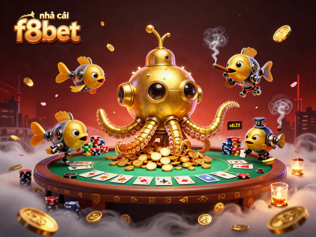 Enjoy gaming at nhà cái f8bet with a vibrant scene of a golden kraken submarine amidst poker excitement.