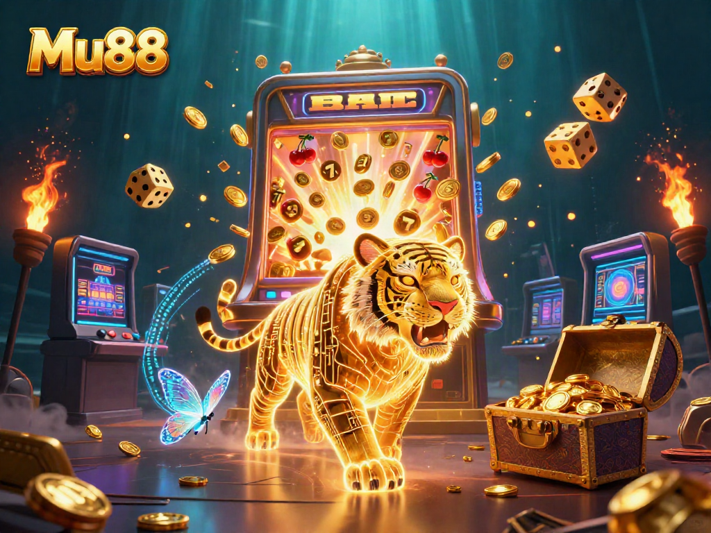 Experience thrilling wins with Mu88 in an ultra-detailed 3D casino scene filled with excitement and dynamic elements.