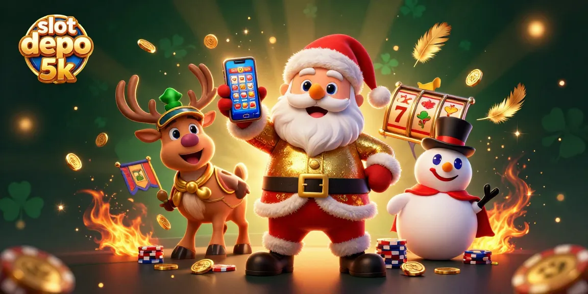 Experience the excitement of slot depo 5k with Santa and friends in a vibrant casino scene.