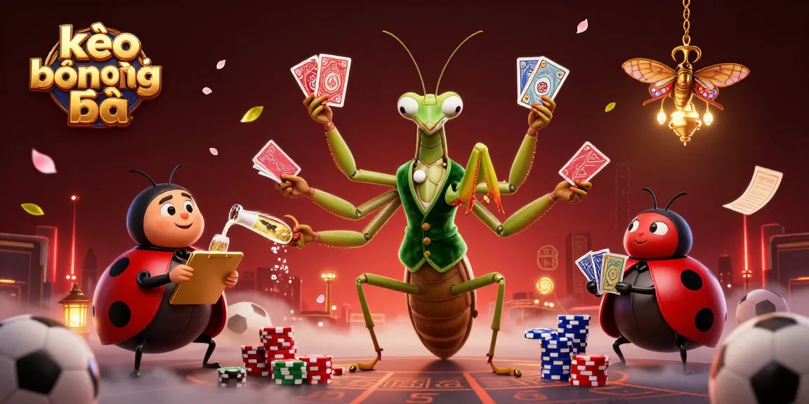 Engage in dynamic sports betting with kèo bóng đá as a colorful mantis dealer serves cards and chips.