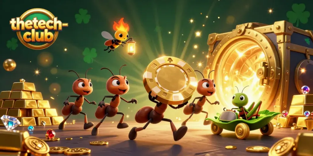 Thetech-club showcases ants executing a dazzling heist of a giant poker chip within a vibrant casino scene.