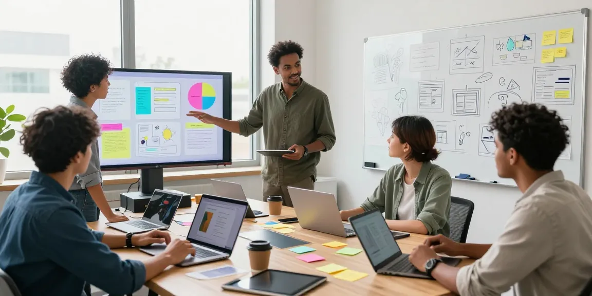 Team collaborating on a mix board in a bright office, showcasing vibrant ideas and creative dynamics.