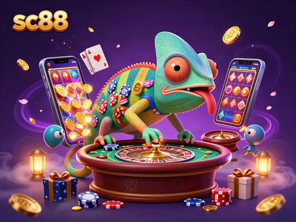 Engage with sc88's vibrant colors and lively gaming scene featuring golden coins and dynamic slot games.