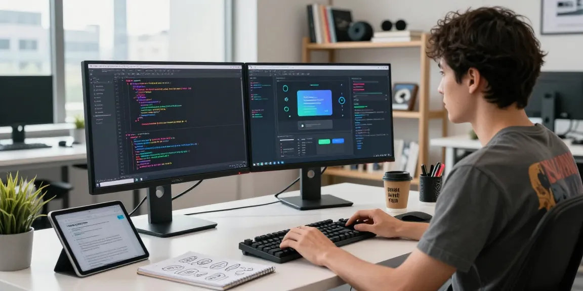 Professional developer utilizing an AI chatbot in a modern tech workspace with dual monitors and a vibrant coding setup.